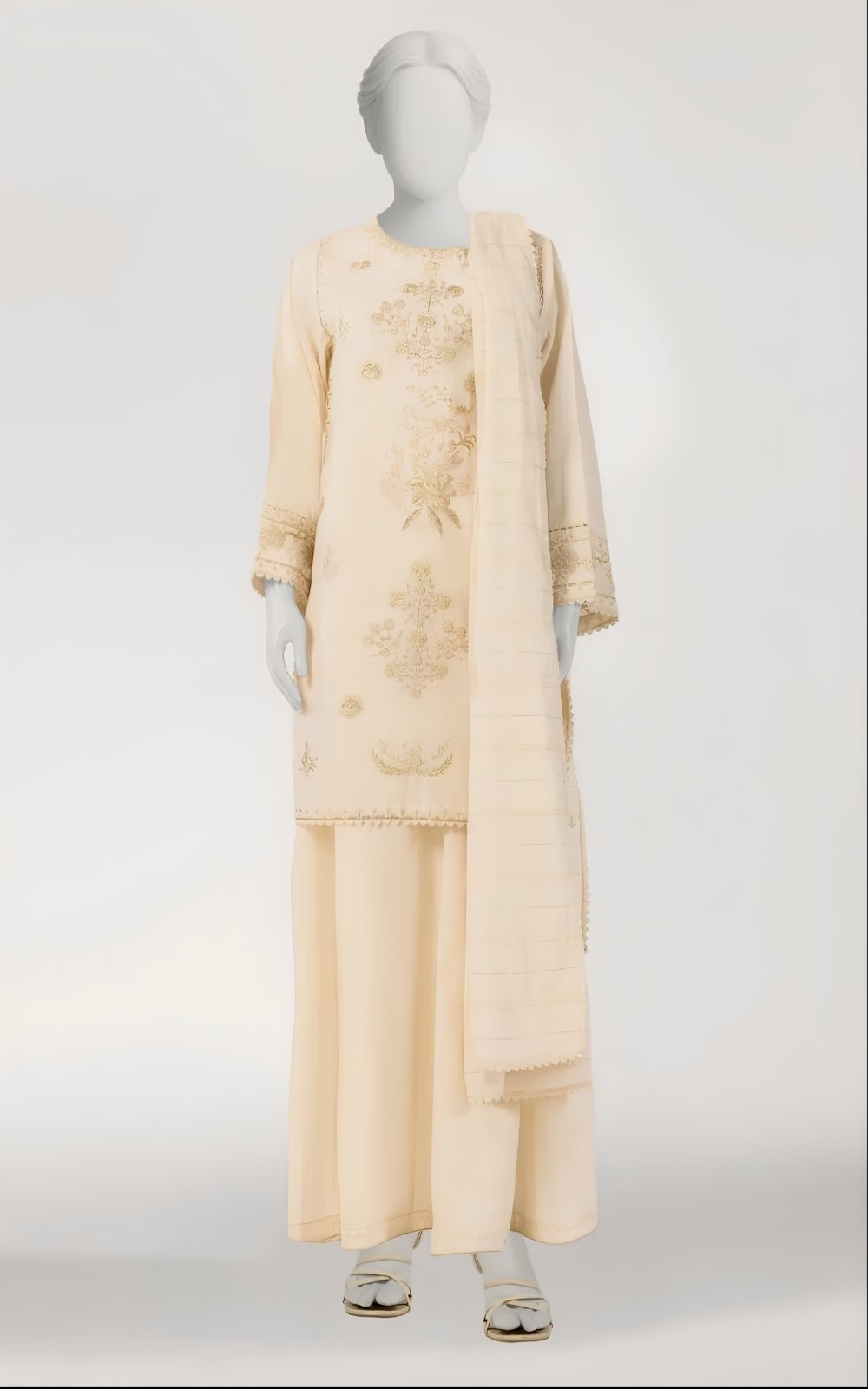 Off-White Dobby Embroidered Stitched 3-Piece Suit
