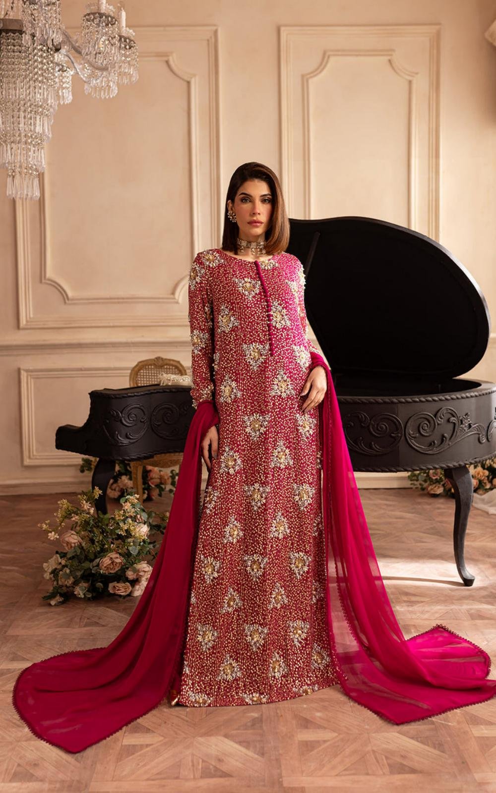Hot Pink Embroidered Chiffon (3-Piece)