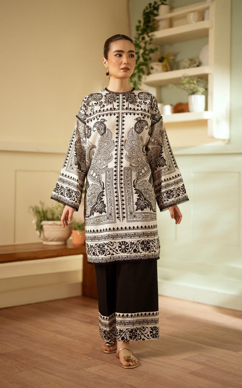 Printed Lawn Shirt with Black Culottes (2-Piece)